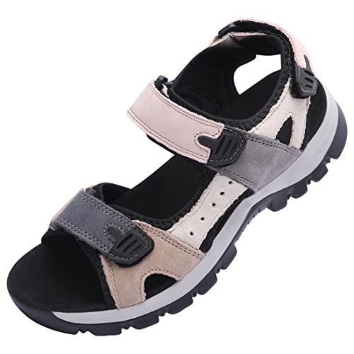 Harssidanzar Damen Sommer Sport Sandalen Wandern Sandalen Outdoor Wandern Sandalen Verstellbarer Riemen Leder Sandalen SL256EU,Rosa Schwarz, Größe 38 von Harssidanzar