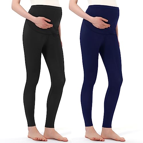 Harssidanzar Damen Umstandshose OverBelly Schwangerschaft Legging Umstandsmode Yoga-Umstandsleggings Sommer Umstandshosen Für Frauen SL102EU,Pack of 2,Schwarz/Marineblau, Größe L von Harssidanzar