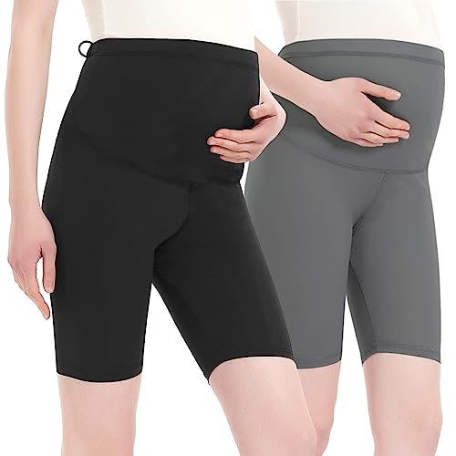 Harssidanzar Damen Umstandsshorts Over The Belly Schwangerschaft Legging Sommer Umstandshosen Für Frauen Umstands Yoga Sportshorts SL101EU,Pack of 2,Schwarz/Grau,Größe L von Harssidanzar