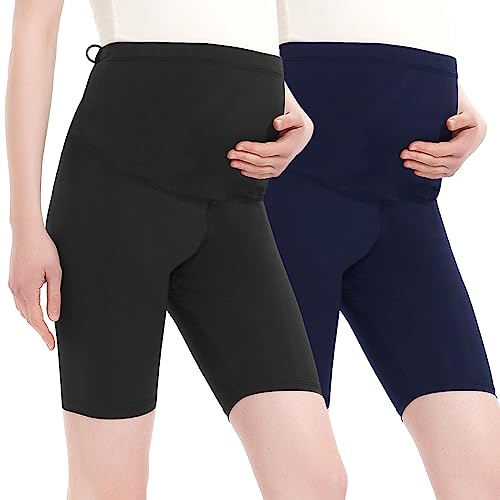 Harssidanzar Damen Umstandsshorts Over The Belly Schwangerschaft Legging Sommer Umstandshosen Für Frauen Umstands Yoga Sportshorts SL101EU,Pack of 2,Schwarz/Marineblau,Größe XL von Harssidanzar