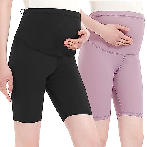 Harssidanzar Damen Umstandsshorts Over The Belly Schwangerschaft Legging Sommer Umstandshosen Für Frauen Umstands Yoga Sportshorts SL101EU,Pack of 2,Schwarz/Rosa,Größe XL von Harssidanzar