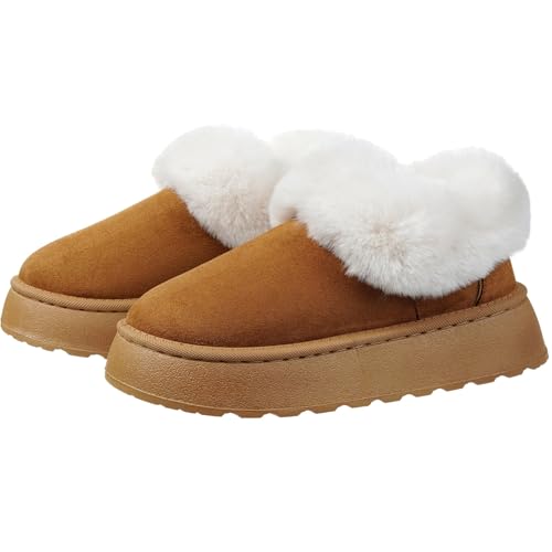 Harssidanzar Damen Wildleder Plateau-Pantoffeln mit Kunstfellfutter, Slip-on-Winter-Schuhe für Innen- und Außenbereich CL206EU, Kamel, Größe 39 von Harssidanzar