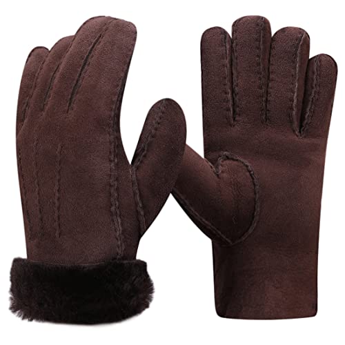 Harssidanzar Damen Winter Lederhandschuhe,Wildleder Lammfell dicke Wolle gefüttert beheizt Warm Winter kaltes Wetter Kleid Fahrhandschuhe KL025EU, Braun,Größe XL von Harssidanzar