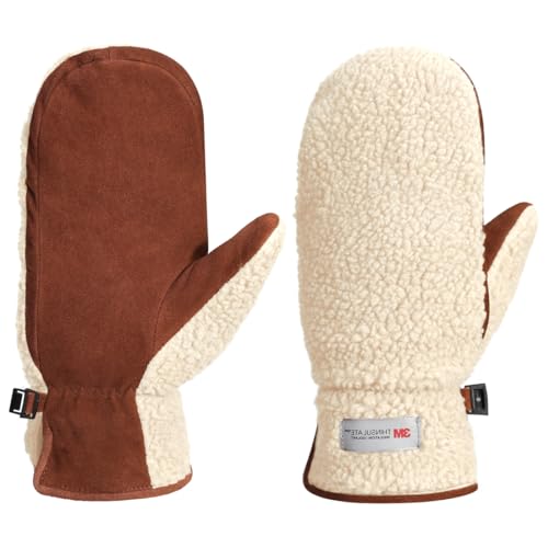 Harssidanzar Damen Winter Lederhandschuhe Outdoor Warm Fleece Thinsulate gefüttert Skifahren Fäustlinge SL020EU,Beige/Hellbraun,Größe M von Harssidanzar