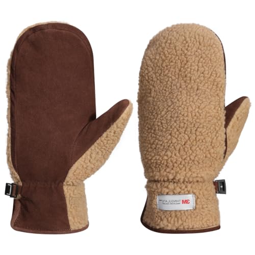 Harssidanzar Damen Winter Lederhandschuhe Outdoor Warm gefüttert Skifahren Fäustlinge SL020EU,Kamel/Dunkelbraun,Größe L von Harssidanzar