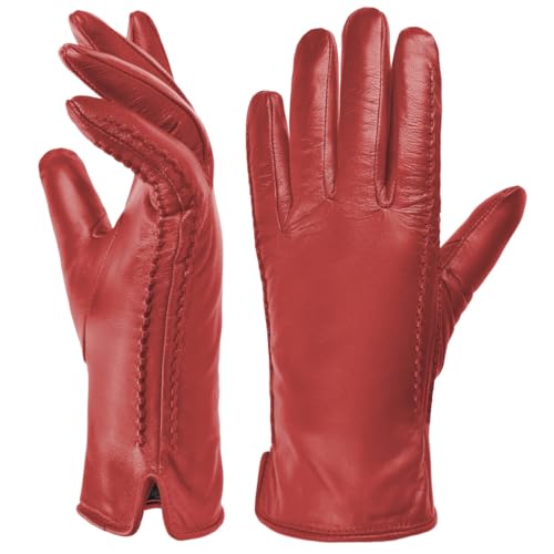 Harssidanzar Damen Winter Warmes Futter Lammfell Leder Handschuhe Touchscreen Texting Warme Fahrhandschuhe HL001EU,Rot,Größe M von Harssidanzar