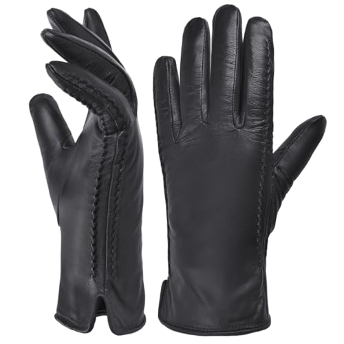 Harssidanzar Damen Winter Warmes Futter Lammfell Leder Handschuhe Touchscreen Texting Warme Fahrhandschuhe HL001EU,Schwarz,Größe XL von Harssidanzar