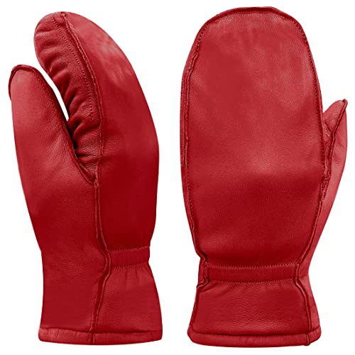 Harssidanzar Damen und Kinder Lammfell Leder Winterhandschuhe Thermolite gefüttert mit Fingereinlagen, Rot (Fäustlinge), X-Large von Harssidanzar