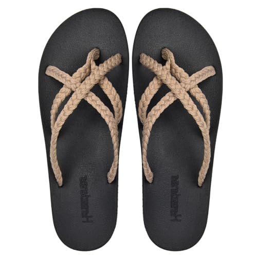 Harssidanzar Flip Flops für Frauen mit Fußgewölbe,geflochtene Riemchensandalen,weiche Wassersandalen für draußen,Strand,Schwimmbad,Urlaub,geflochtene Riemchensandalen,HL201EU,Khaki, Größe 36 von Harssidanzar