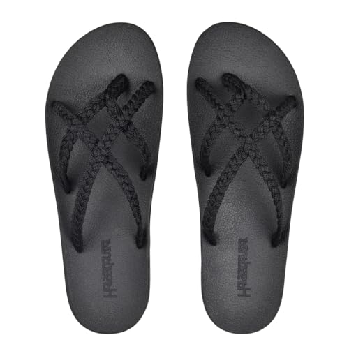 Harssidanzar Flip Flops für Frauen mit Fußgewölbe,geflochtene Riemchensandalen,weiche Wassersandalen für draußen,Strand,Schwimmbad,Urlaub,geflochtene Riemchensandalen,HL201EU,Schwarz, Größe 36 von Harssidanzar