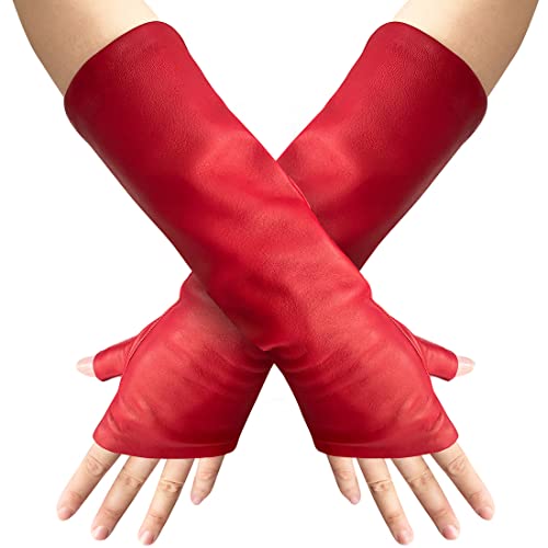 Harssidanzar Frauen Fingerless Elbow Long Opera Lederhandschuhe GL015,rot, Größe XL von Harssidanzar