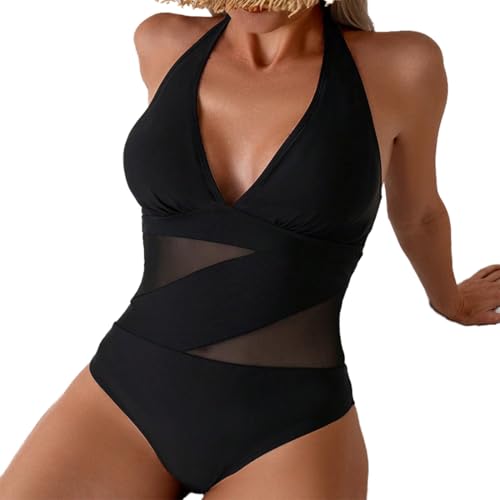 Harssidanzar Frauen Mesh Tummy Control One Piece Badeanzüge hohe Taille Badeanzug KL404EU,Schwarz,S von Harssidanzar
