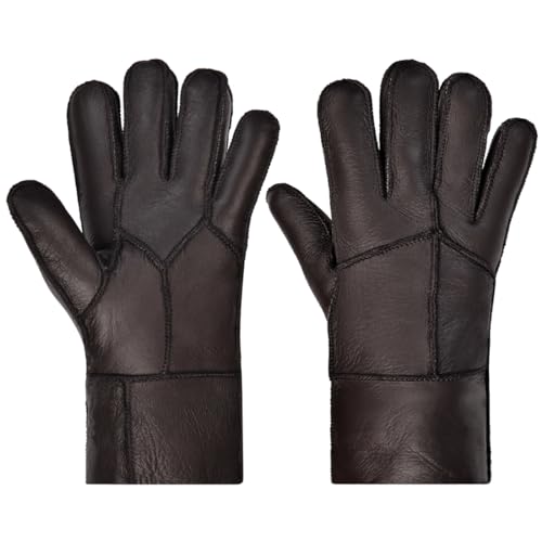 Harssidanzar Frauen Shearling Handschuhe,Damen Warme Winter Leder Shearling Schaffell Handschuhe KL032EU,Braun,Größe L von Harssidanzar