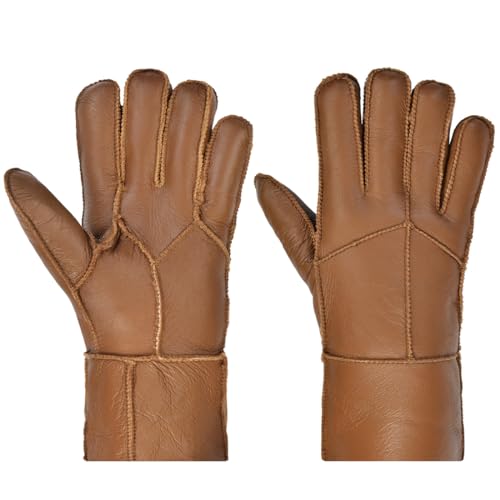 Harssidanzar Frauen Shearling Handschuhe,Damen Warme Winter Leder Shearling Schaffell Handschuhe KL032EU,Kaffee,Größe L von Harssidanzar