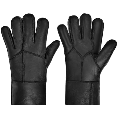 Harssidanzar Frauen Shearling Handschuhe,Damen Warme Winter Leder Shearling Schaffell Handschuhe KL032EU,Schwarz, Größe M von Harssidanzar