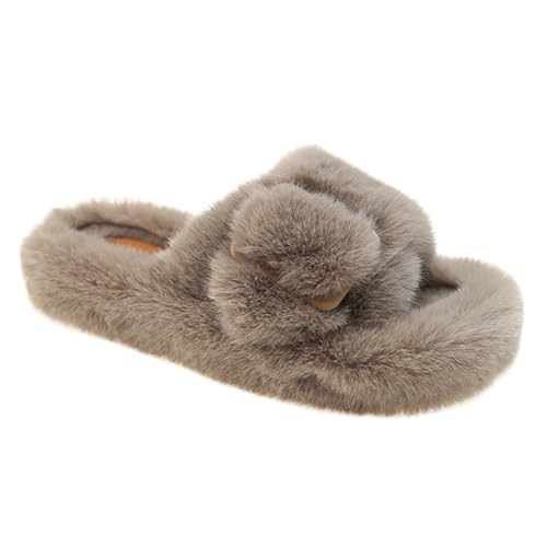 Harssidanzar Fuzzy Pantoffeln Damen Rutschen Offene Zehe Indoor Hausschuhe Verstellbare Schnallen KL509EU,Khaki,Größe 38 von Harssidanzar