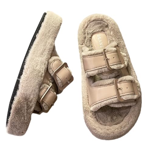 Harssidanzar Fuzzy Slides For Women Fluff Faux Fur Cross Slippers Open Toe Double buckle adjustable House Slipper Sandals KL512EU,Khaki,Größe 38 von Harssidanzar