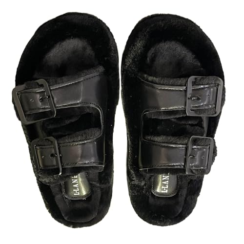 Harssidanzar Fuzzy Slides For Women Fluff Faux Fur Cross Slippers Open Toe Double buckle adjustable House Slipper Sandals KL512EU,Schwarz, Größe 37 von Harssidanzar