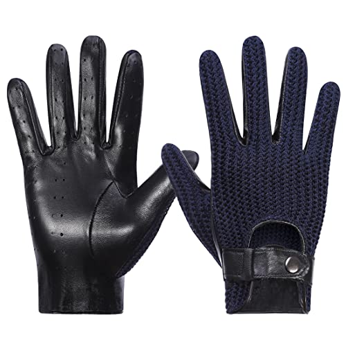 Harssidanzar Herren Autohandschuhe Leder mit Häkeln Schwarz Fahrhandschuhe Touchscreen GM030,Navy,Größe S von Harssidanzar