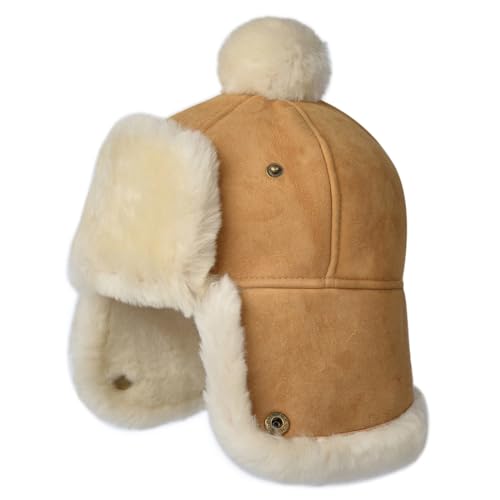 Harssidanzar Herren Damen Wintermütze Hut Schaffel Shearling Leder Warme Fliegermütze Aviatormütze Trapper Hut CU607EU, Kamel, Größe S von Harssidanzar