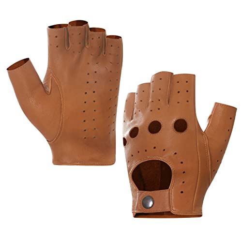 Harssidanzar Herren Fingerless Half Finger Leder Fahrhandschuhe Lammfell Ungefüttert Upgrade GM032EU, Bräunen,GrößeL von Harssidanzar