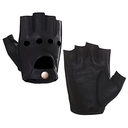 Harssidanzar Herren Halbfinger Lederhandschuhe für fahren Fingerlose Hirschleder ungefüttert Handschuhe GM005A, Schwarz, Größe L von Harssidanzar