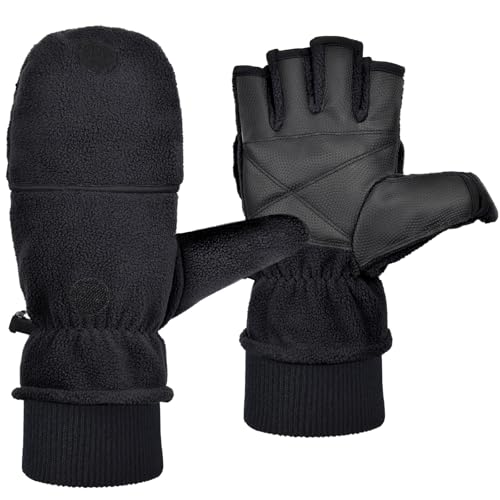 Harssidanzar Herren Fleece Fäustlinge Handschuhe Thermo Fäustlinge Flip Kaltwetterhandschuhe SM053EU,Schwarz,Größe XL von Harssidanzar