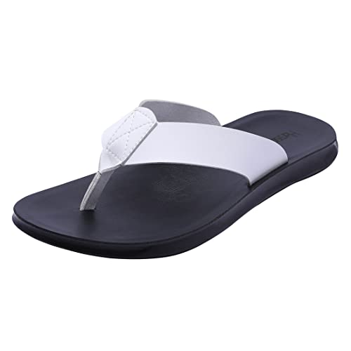 Harssidanzar Herren Flip Flops Sandalen, Sommer Tanga Bequeme Fußgewölbestütze Weiches Mikrofaser-Leder-Fußbett Strandschuhe KM215,weiß schwarz, Größe 45 von Harssidanzar