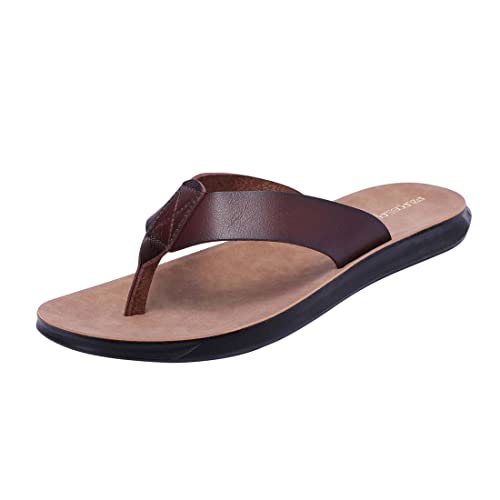 Harssidanzar Herren Flip Flops Sandalen, Sommer Tanga Bequeme Fußgewölbeunterstützung Weiche Mikrofaser Leder Fußbett Strand Schuhe KM215, Sattel, 47 1/3 EU von Harssidanzar