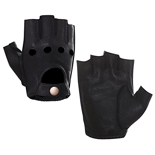 Harssidanzar Herren Halbfinger Lederhandschuhe für fahren Fingerlose Hirschleder ungefüttert Handschuhe GM005A, Schwarz,Größe L von Harssidanzar