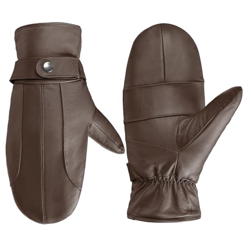 Harssidanzar Herren Leder Fäustlinge Winterhandschuhe Dickes Fleece gefüttert SM047EU,Braun,Größe L von Harssidanzar