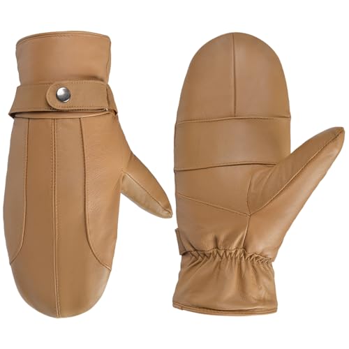 Harssidanzar Herren Leder Fäustlinge Winterhandschuhe Dickes Fleece gefüttert SM047EU,Kamel,Größe M von Harssidanzar