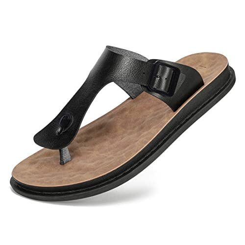 Harssidanzar Herren Leder Flip Flops, Fußgewölbestütze orthopädisches Fußbett mit weichem Kissen bequem flach Indoor Outdoor Strand Zehentrenner für Herren KM217,Schwarz,Größe 43 von Harssidanzar