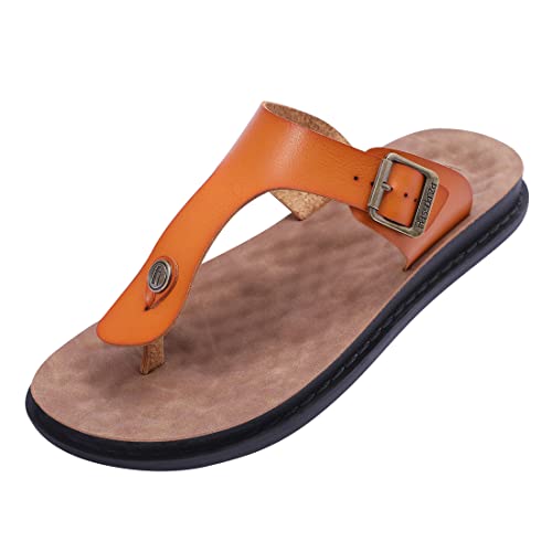 Harssidanzar Herren Leder Flip Flops,Fußgewölbestütze orthopädisches Fußbett mit weichem Kissen bequem flach Indoor Outdoor Strand Zehentrenner für Herren KM217,Bräunen,Größe 41 von Harssidanzar