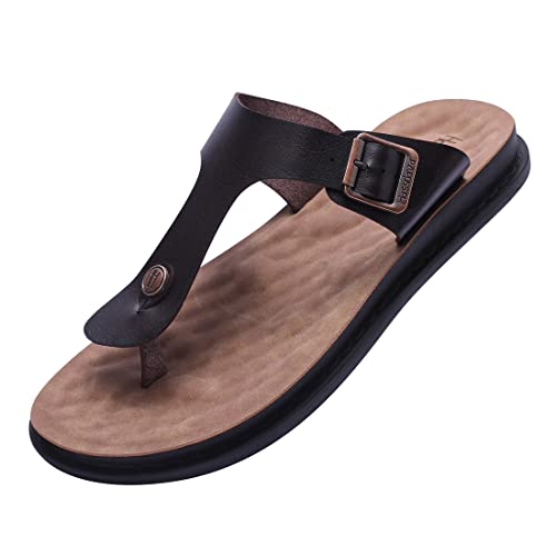 Harssidanzar Herren Leder Flip Flops,Fußgewölbestütze orthopädisches Fußbett mit weichem Kissen bequem flach Indoor Outdoor Strand Zehentrenner für Herren KM217,Braun, Größe 41 von Harssidanzar