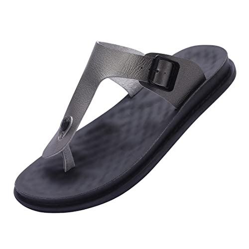 Harssidanzar Herren Leder Flip Flops,Fußgewölbestütze orthopädisches Fußbett mit weichem Kissen bequem flach Indoor Outdoor Strand Zehentrenner für Herren KM217,Metallisches Grau,größe 41 von Harssidanzar