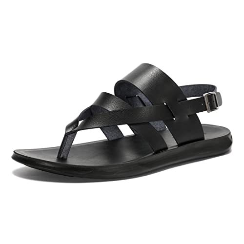 Harssidanzar Herren Leder sandalen,Sommer bequemeverstellbare Knöchelriemen flache Slip On Sandalen für Herren KM218EU,Schwarz,Größe 46 von Harssidanzar