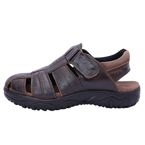 Harssidanzar Herren Leder Sandalen,Sommer echtes Leder geschlossene Zehe Fischer Outdoor Wandern Sportschuhe Breite verstellbare wasserdichte Bogenstütze KM226EU,Satte,Größe 41 von Harssidanzar