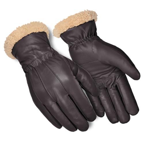 Harssidanzar Herren Lederhandschuhe Winter Outdoor Thermal Thick Fleece gefüttert Lederhandschuhe SM044EU,Braun,Größe M von Harssidanzar