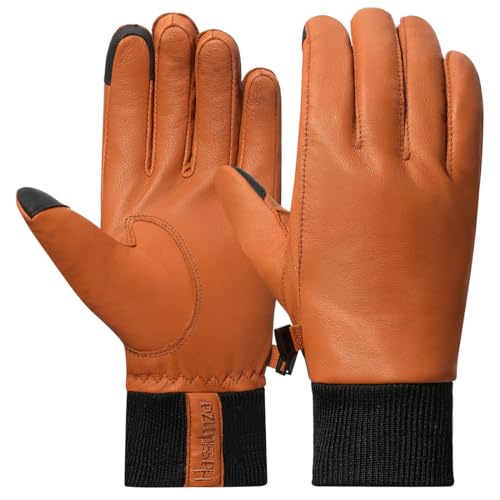 Harssidanzar Herren Lederhandschuhe mit Fleece gefüttert für kaltes Wetter, Winter Warm Goatskin Touchscreen Handschuhe HM002EU,Bräunen, Größe S von Harssidanzar