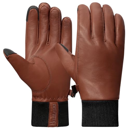 Harssidanzar Herren Lederhandschuhe mit Fleece gefüttert für kaltes Wetter, Winter Warm Goatskin Touchscreen Handschuhe HM002EU,Satte, Größe S von Harssidanzar