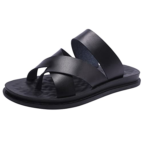 Harssidanzar Herren Männer Sandalen Hausschuhe Cross Straps Slide Slip On Flip Flops für Männer Toe Ring Style KM221EU,Schwarz, Größe 42 von Harssidanzar