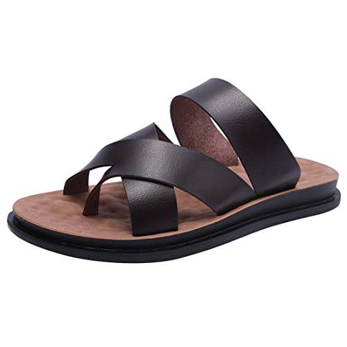 Harssidanzar Herren Männer Sandalen Hausschuhe Cross Straps Slide Slip On Flip Flops für Männer Toe Ring Style KM221EU,Braun,Größe 40 von Harssidanzar