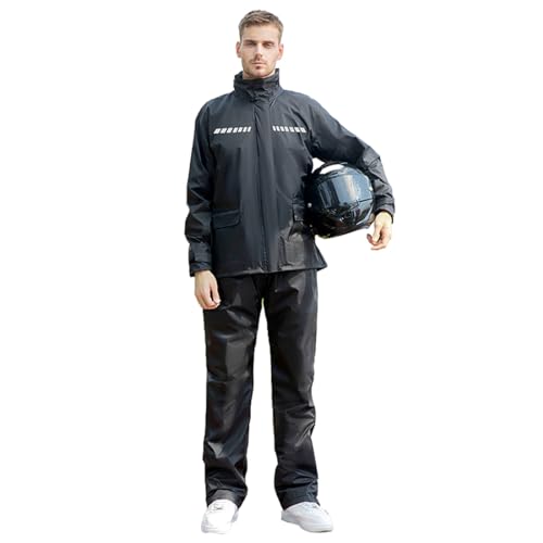 Harssidanzar Herren Motorrad Regenanzug Set Leichte Outdoor Regenjacke Regenhose mit reflektierenden Streifen für Angeln Radfahren SM301EU,Schwarz,Größe L von Harssidanzar