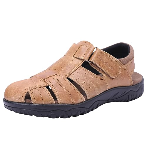Harssidanzar Herren Sandalen, Sommer Echtes Leder Geschlossene Zehe Fischer Outdoor Wandern Sport Schuhe Breit Verstellbar Wasserdicht Arch Unterstützung KM226US, Hellbraun, 43 EU von Harssidanzar