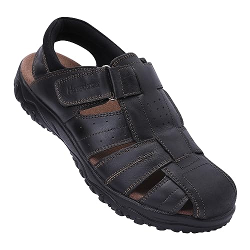 Harssidanzar Herren Sandalen,Sommer echtes Leder geschlossene Zehe Fischer Outdoor Wandern Sportschuhe Breite verstellbare wasserdichte Bogenstütze KM226EU,Schwarz,Größe 41 von Harssidanzar