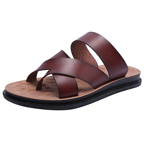 Harssidanzar Herren Sandalen Flip Flops Zehensandalen Slip On Cross Straps Slide Sandalen Toe Ring Style KM221EU,Satte,Größe 44 von Harssidanzar