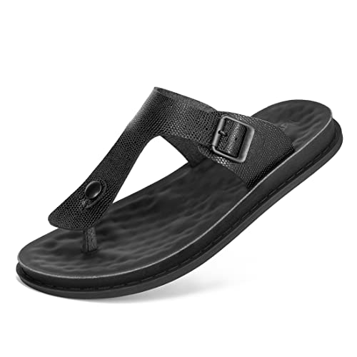 Harssidanzar Herren Zehentrenner Flip Flops,Fußgewölbestütze orthopädisches Fußbett mit weichem Kissen bequem flach für drinnen und draußen Strand-Zapfensandalen,SchlangeSchwarz,Größe 43 von Harssidanzar