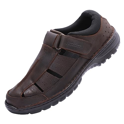 Harssidanzar Herren geschlossene Zehen Sandalen,echtes Leder bequeme justierbare Fischer Strand Sandalen Schuhe für Outdoor Walking Fahren KM227EU,Braun, Größe 45 von Harssidanzar