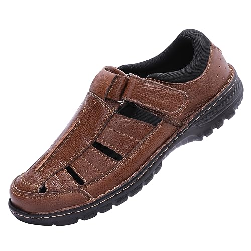 Harssidanzar Herren geschlossene Zehen Sandalen,echtes Leder bequeme justierbare Fischer Strand Sandalen Schuhe für Outdoor Walking Fahren KM227EU,Cognac, Größe 44 von Harssidanzar